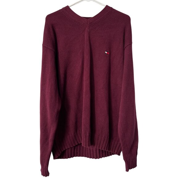 Tommy Hilfiger Sweater Size XL V Neck Long Sleeve Pullover Burgundy Knit Preppy - Picture 1 of 7